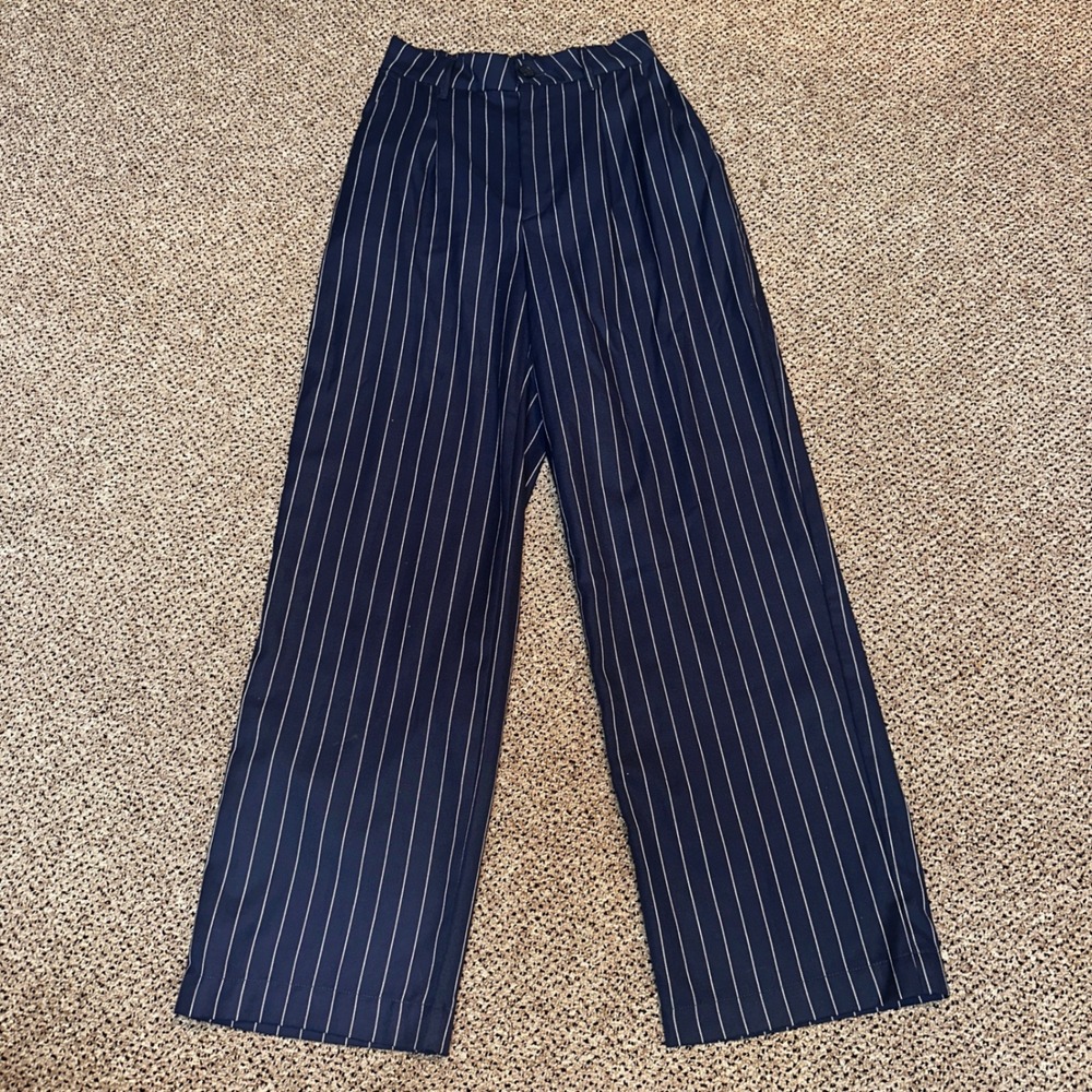 H&M Divided Navy Blue Pinstripe Wide Leg High Waist Trousers Pants Size 4